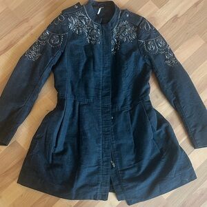 Free People Black Trench Coat with Floral Embroidery